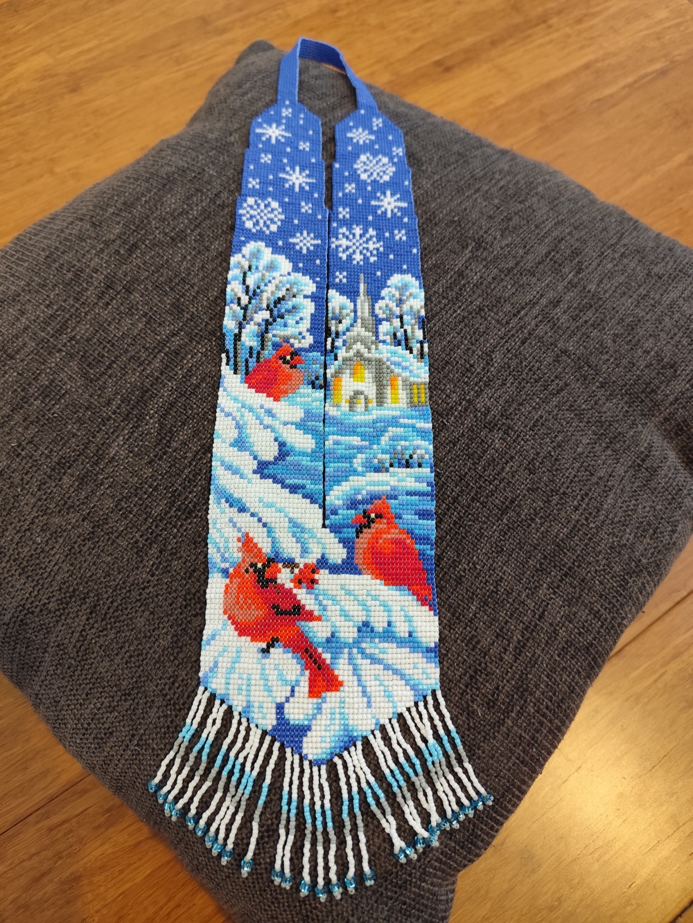 Handcrafted Beaded Winter Cardinal Necklace - Blue and Red